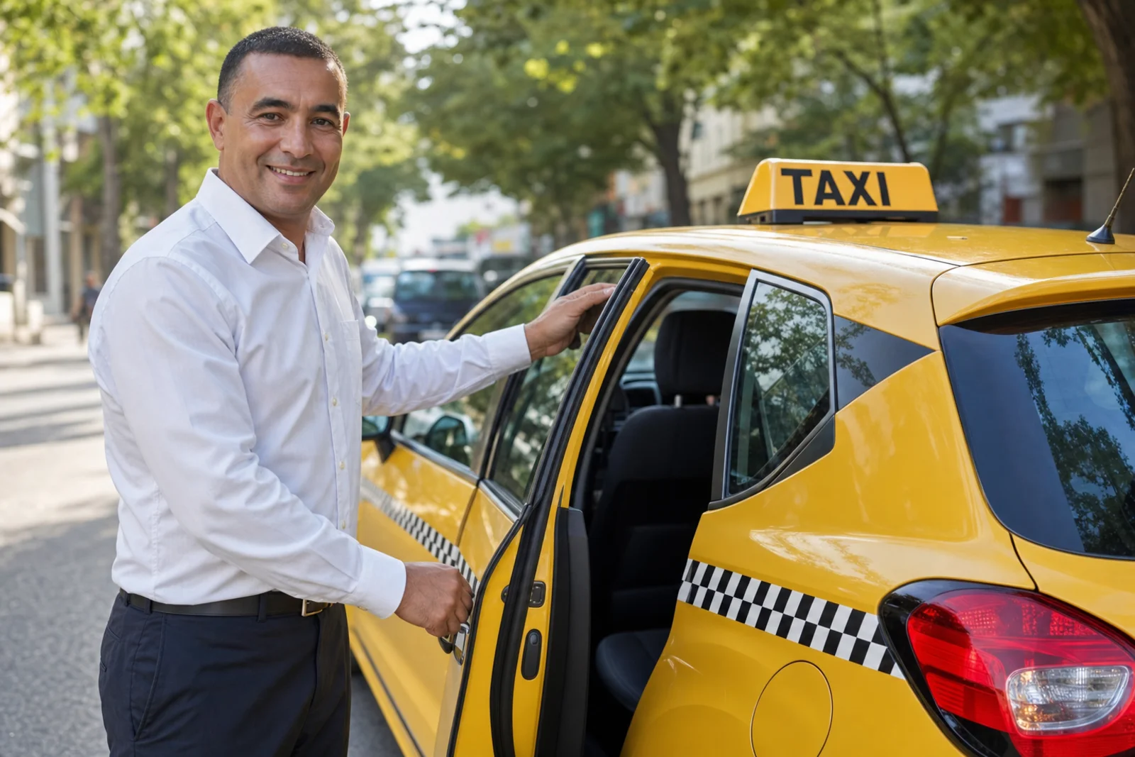 Vodič otvára zadné dvere taxíka zákazníkovi