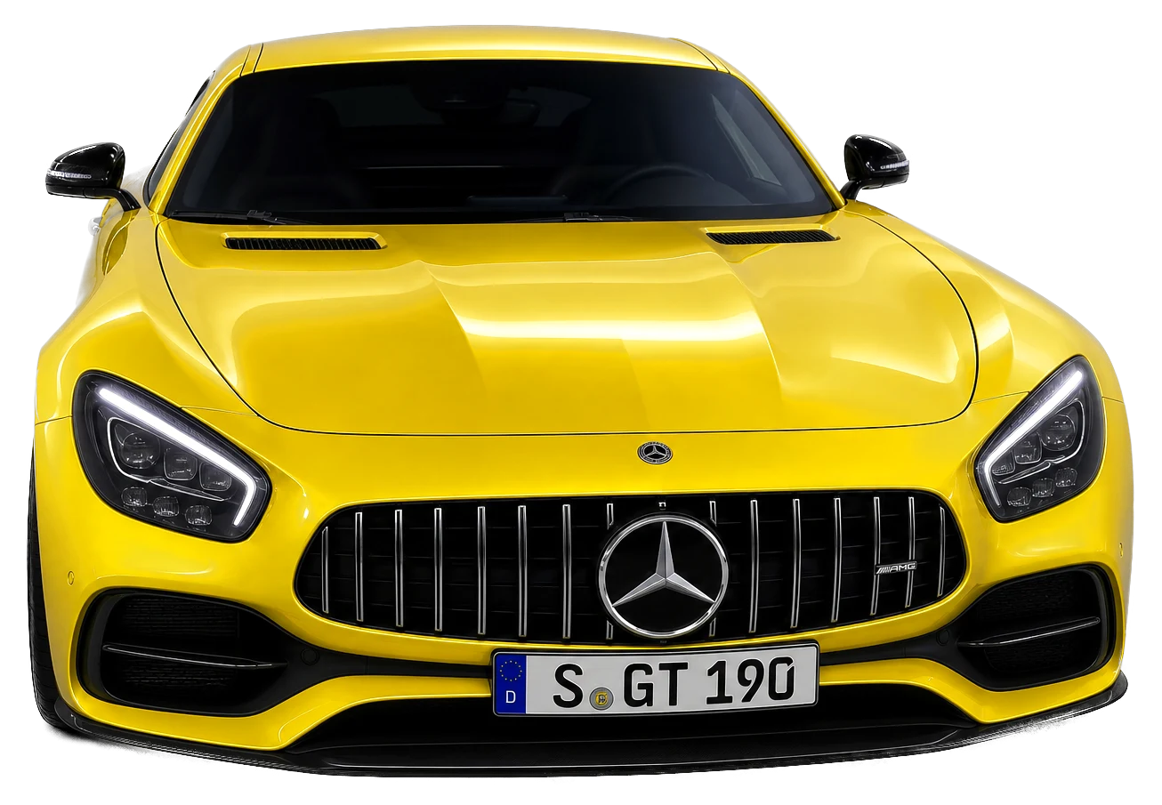 Žlté luxusné športové kupé, čelný pohľad, ŠPZ S GT 190